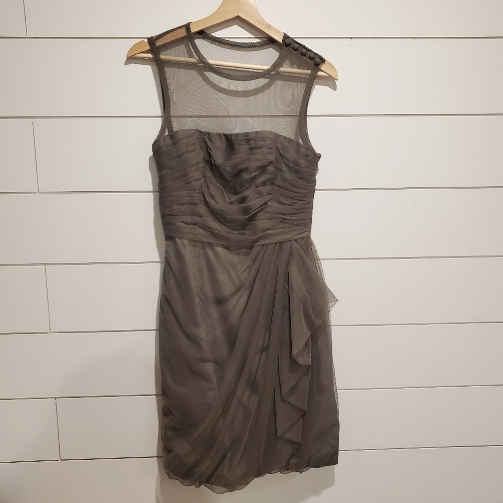 White vera wang bridesmaid cocktail midi dress grey brown flowy ruffle organza